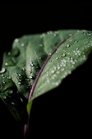 Young Kohlrabi leaf (Brassica oleracea var. gongylodes) with water drops