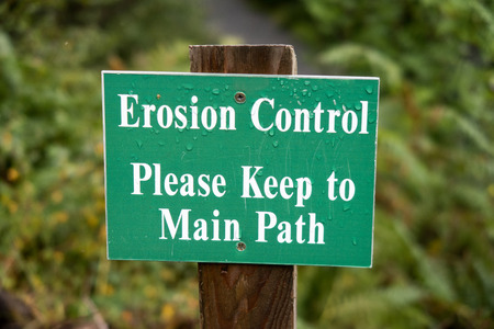 Erosion control prohibition sign at footpath near Corrieshalloch Gorge and Falls of Measach, Northern Scotlandの写真素材