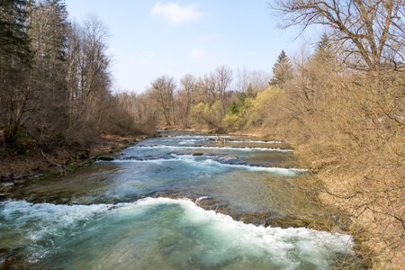 Mangfallriver at the Mangfallknie in early spring, Germany, Bavaria