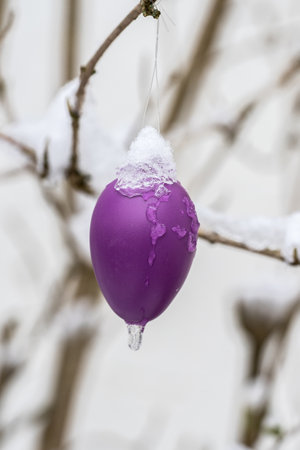 Closeup of plastic easter egg covered by snowの写真素材