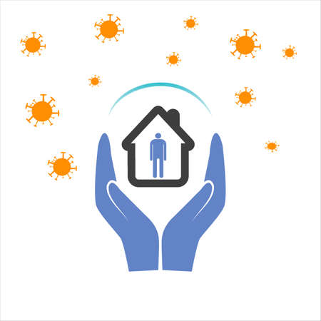 The man in the house under the roof. Stylized drawing, icon. On top of a coronavirus molecule. Symbolizes isolation during quarantine. Vector art graphic.のイラスト素材