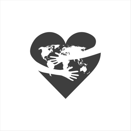 Hands hug the earth in the shape of a heart. Earth Day vector clip art on white backgroundのイラスト素材