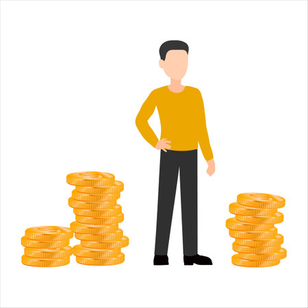 Financial consultant leaning on a stack of coins smiles friendly and waves with hand. Successful investor or entrepreneur. Financial consulting, investment and savings.のイラスト素材