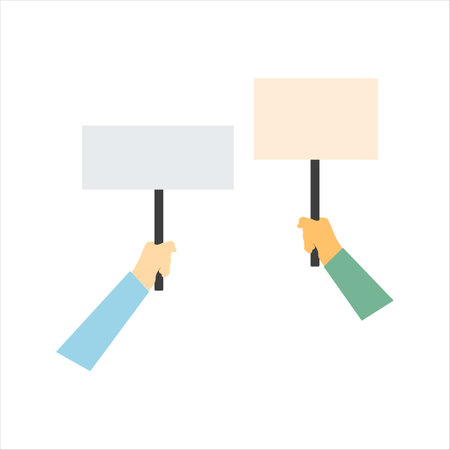 Vector illustration of people holding signs, banner and placards at a demonstration or picket.のイラスト素材