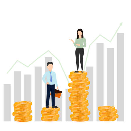 Successful business man and woman standing on top of lifting stack of gold coinsのイラスト素材