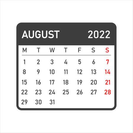 August 2022 calendar. Vector illustration of a calendar for august 2022. Wall table calendar vector template. August 2022 wall calendar template.のイラスト素材