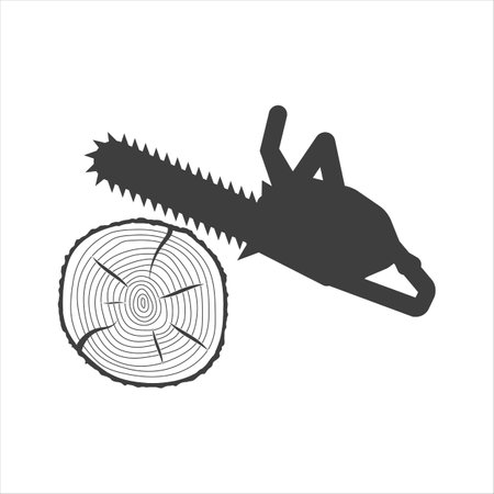 icon of a chainsaw sawing a log. Image on white background.のイラスト素材