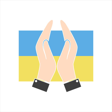 Praying hands with Ukraine National Flag, Pray for Ukraine concept, Save Ukraine, cartoon graphic, sign symbol background, vector illustration.のイラスト素材