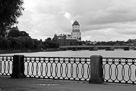monochrome view of Vyborg Castle, Russiaのeditorial素材