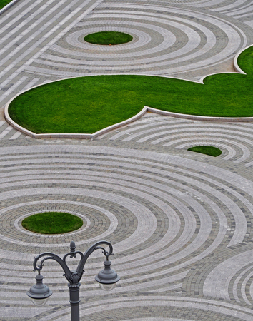 a paving slab and lawn view from aboveの写真素材