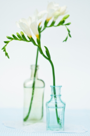 White freesia flowers in decorative bottlesの写真素材