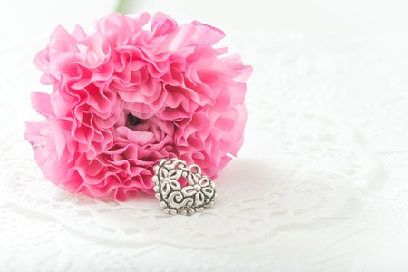 Beautiful flower pink Ranunculus and silver heartの写真素材