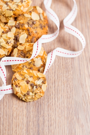 Chocolate chip cookies with white ribbonの写真素材