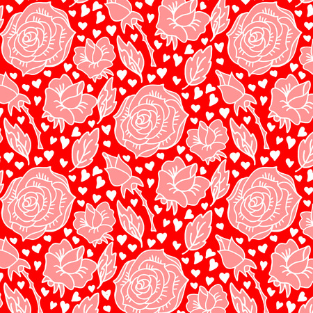 Seamless Doodle pattern with Valentine hearts and Rosesのイラスト素材