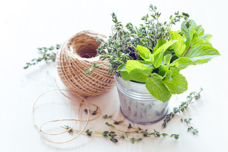 Fresh mint and thyme in a small bucketの写真素材