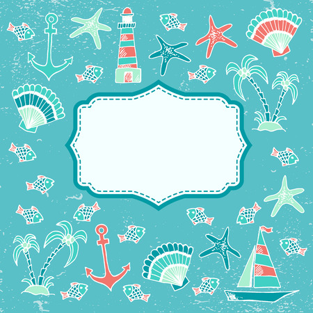 Summer traveling pattern with hand drawn seashells, starfish, lighthouse, boat, palm trees and fishのイラスト素材