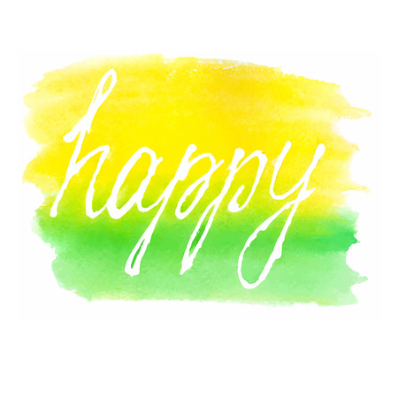 Vector handwritten word on yellow-green watercolor stain background - Happyのイラスト素材