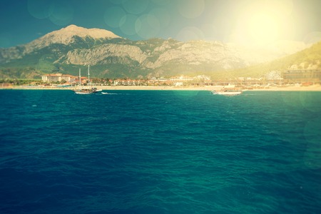 View of the coast from the sea. Kemer, Antalya Province, Turkey. Blur Shot with a selective focuの写真素材