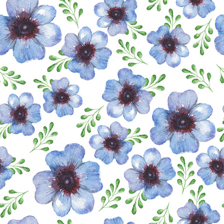 Watercolor seamless pattern with bright blue Ranunculus flowers and green leaves on the white background. .の写真素材