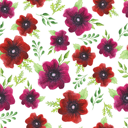 Watercolor seamless pattern with bright red and violet Ranunculus flowers and green leaves on the white background. .の写真素材