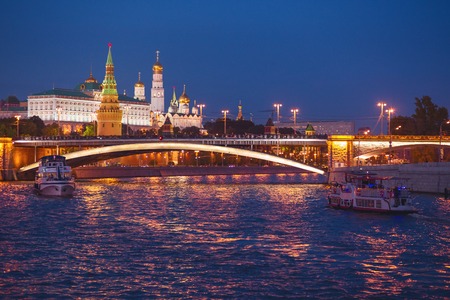 Russia, Moscow, night view of the Moskva River, Bridge and the Kremlinの写真素材