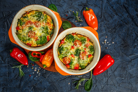 Frittata with broccoli, spinach, sweet peppers and tomatoes in two ceramic forms for baking. Italian...