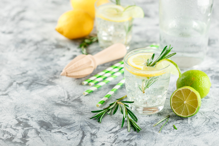Alcoholic drink with lemon and rosemain in glasses on a light tableの写真素材