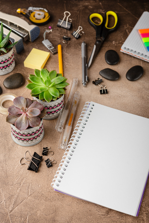 Note pad for notes, stationery and pots with succulents on the table.の写真素材