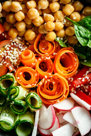 Colorful Buddha Bowl with chickpeas, carrots, tomatoes, cucumbers, radish and peppers on a wooden...