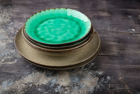 Food background. Empty plates on vintage background.の写真素材