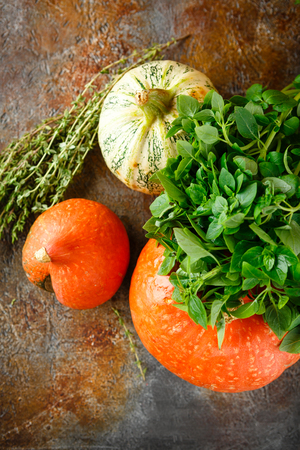 Autumn harvested vegetables and herbs - pumpkin, basil, thymeの写真素材