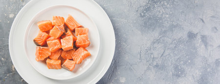 Diced pieces of salmon for marinating on white plate. Top view. Space for text. Long wide bannerの写真素材
