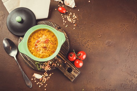 Vegetarian Lentil soup - Masoor Dal or Dal Tadka Curry, vegan cuisine.の写真素材