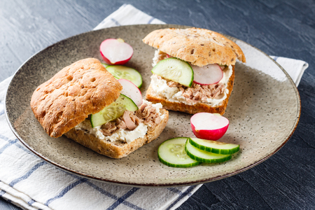 Delicious sandwich with cream cheese, tuna and fresh vegetables, cucumber and radish on a plate. Delicious vegetarian healthy food, close-upの写真素材