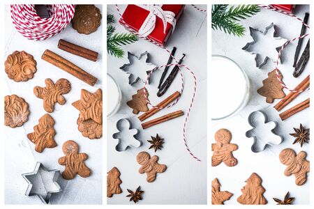Christmas collage of three images with Christmas cookies, cutters, cinnamon, anise, milk, Christmas tree and red gift boxの写真素材