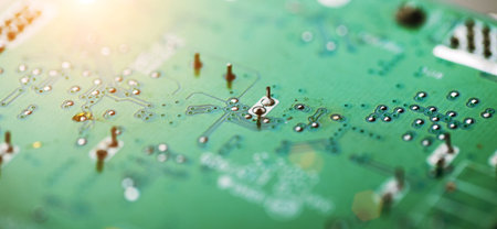 Electronic circuit board with electronic components such as chips close up. The concept of the...