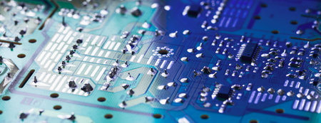 Close-up of electronic circuit board with processor. Electronic computer hardware technology. Tech...