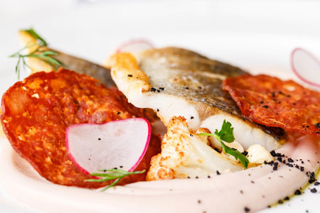 Pike perch fillet with chorizo, cauliflower and radish in a restaurant serving. Close up. Keto,...