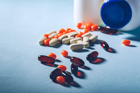Close up Pills On Blue Background, Top View. Medicine Healthcare Pharmacy ConcepAnti-Virus Medical...