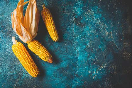 Ripe dried corn cobs on blue background