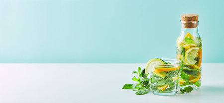 Refreshing ice mint cocktail with ice cubes, orange and lemon slices, drink for hot summer days....