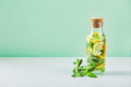 Refreshing ice mint cocktail with ice cubes, orange and lemon slices, drink for hot summer days....