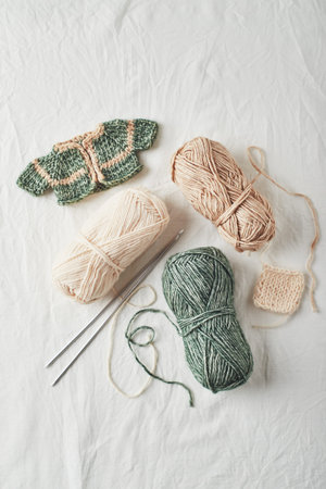 Handmade knitted small sweaters for toys, threads, crochet hook and knitting needles on a light...