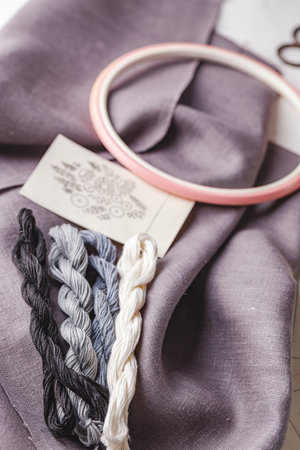 Set for embroidery. Linen fabric, patterns for embroidery, hoop, thread of white, black and gray...