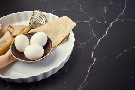 Flat layComposition for tarts, cookies, dough and pastry on dark marble background. Mockup for...
