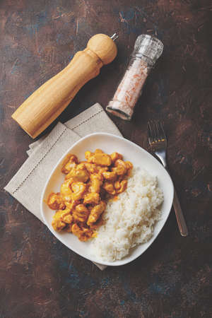 Tasty dinner with Chicken in coconut milk curry sauce with rice in white dish on dark background, top view. Asian style.の写真素材