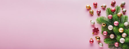 Small pink and gold Christmas balls and branch of christmas tree on pink background