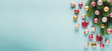 Small pink and gold Christmas balls and branch of christmas tree on blue background