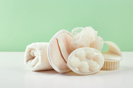 Bathroom Accessories - loofah, towel and body brush. Spa composition.