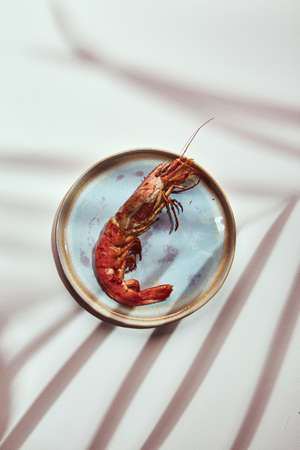 King prawn grilled on a platter on a colored background with a hard shadow from palm leavesの写真素材